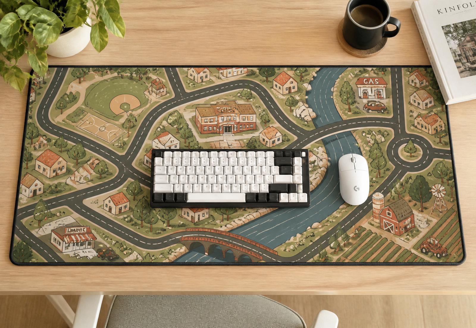 Retro Stad XL muismat op een houten bureau